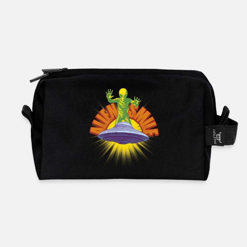 Ship and Retro Alien - Recycled Toiletry Zip Bag - black