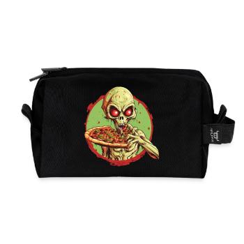Green Alien with Pizza: Halloween Fast Food Fun - Recycled Toiletry Zip Bag - black - Front