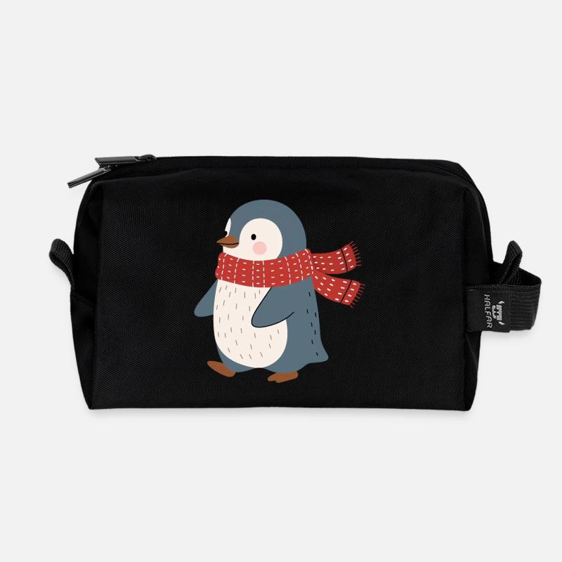 Penguin with red winter scarf - Recycled Toiletry Zip Bag - black