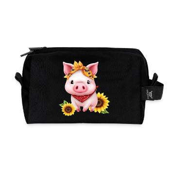 Schwein mit Bandana und Sonnenblume, Charmantes - Recycelte Kulturtasche - Schwarz - Vorne