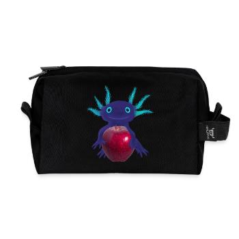 Blue Axolotl with Red Apple, Hand Drawing - Recycled Toiletry Zip Bag - black - Front