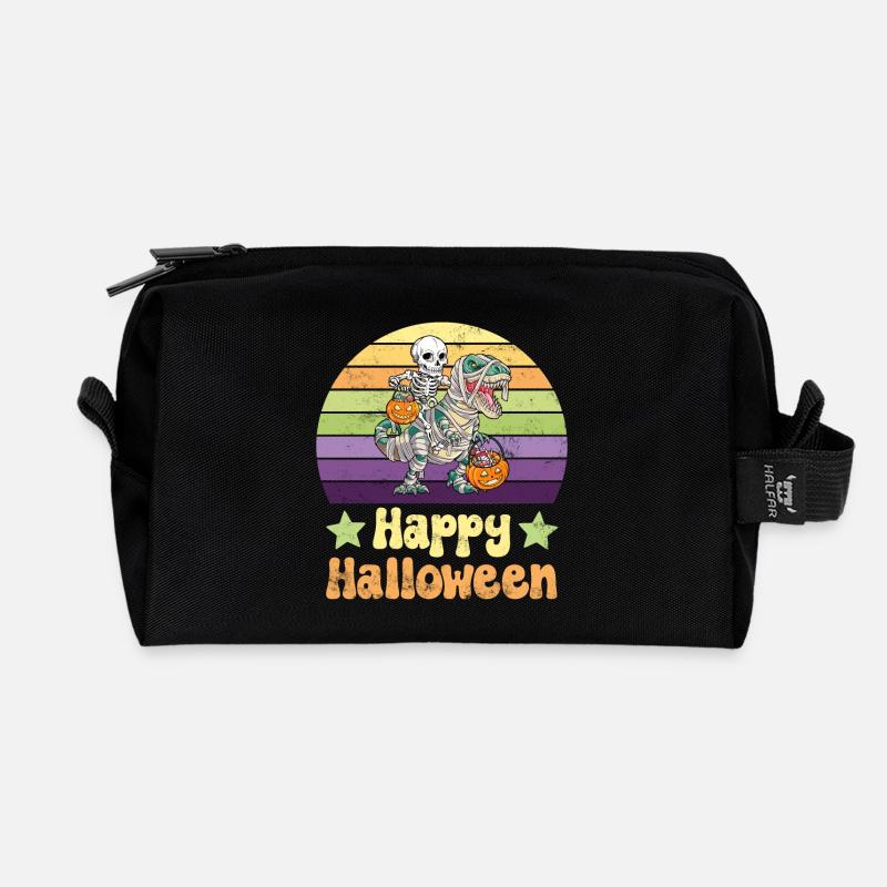 Halloween Skeleton on Dinosaur T-Rex - Recycled Toiletry Zip Bag - black