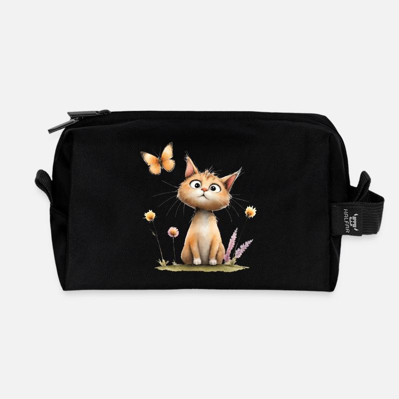 Süße Katze: Schmetterlingsflüstern in Pastellfarbe - Recycelte Kulturtasche - Schwarz