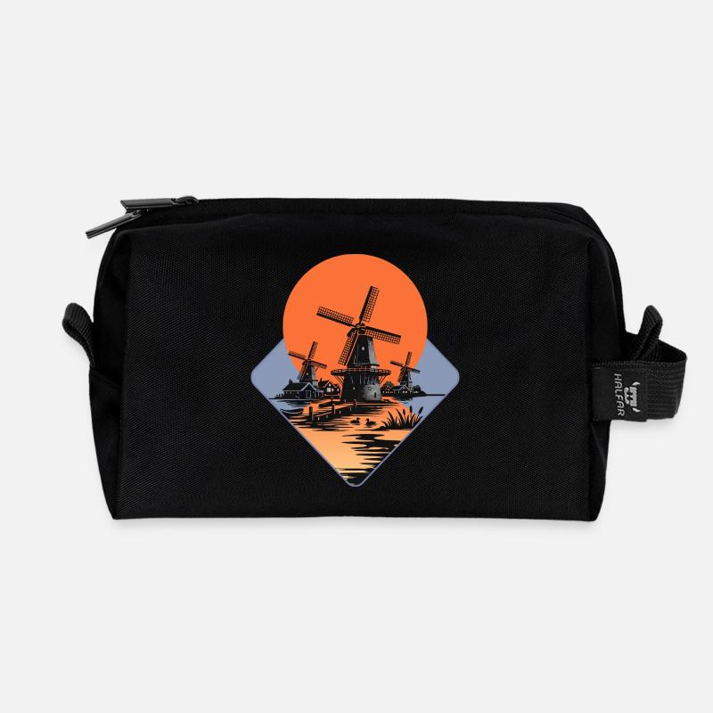 Exotische Windmühlen-Skizzenkunst - Recycelte Kulturtasche - Schwarz
