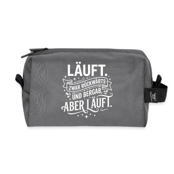 Läuft zwar rückwärts aber läuft Spruch - Recycelte Kulturtasche - Anthrazit - Vorne