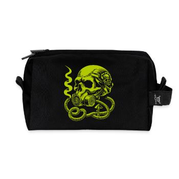 Whimsical Skull with Gas Mask - Recycled Toiletry Zip Bag - black - Front