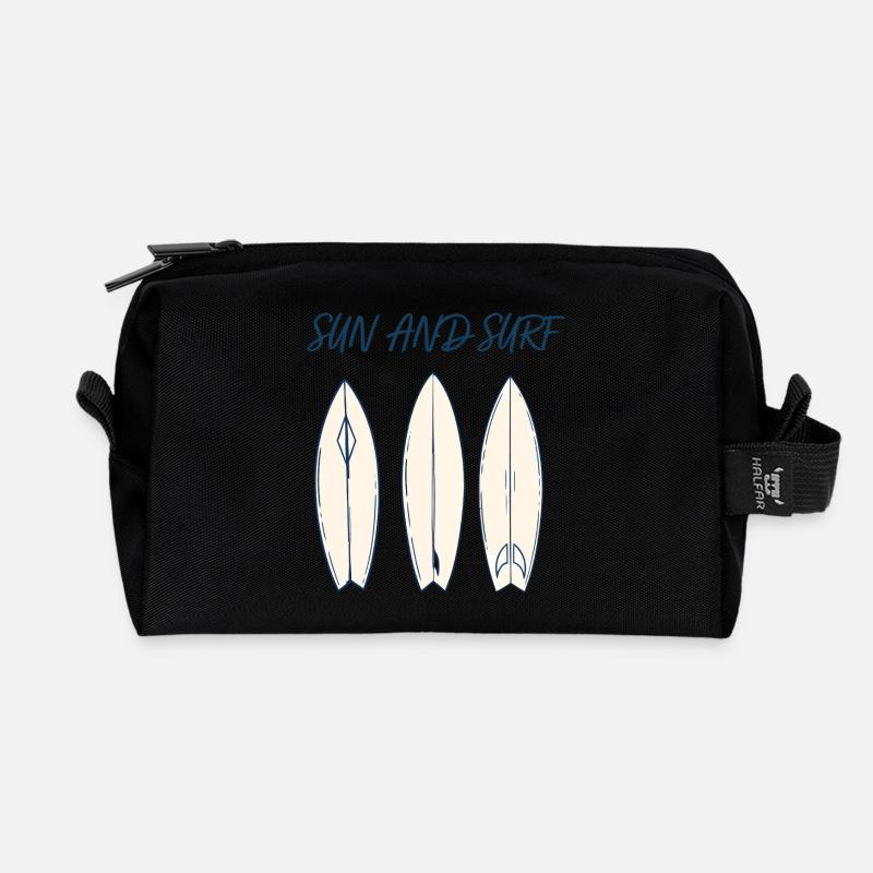 Sun and Surf Vintage Surfboard Beach Design - Recycled Toiletry Zip Bag - black