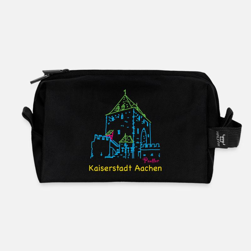 Kaiserstadt Aachen, Handzeichnung Ponttor - Recycelte Kulturtasche - Schwarz