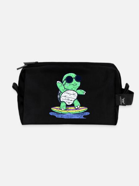 Kawaii turtle on surfboard with sunglasses - Recycled Toiletry Zip Bag - black