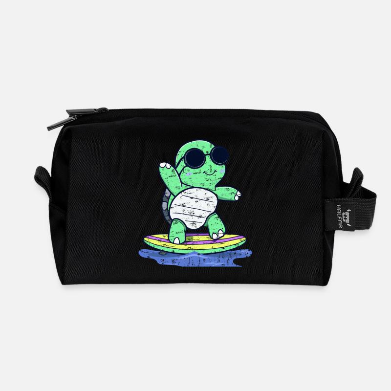 Kawaii turtle on surfboard with sunglasses - Recycled Toiletry Zip Bag - black
