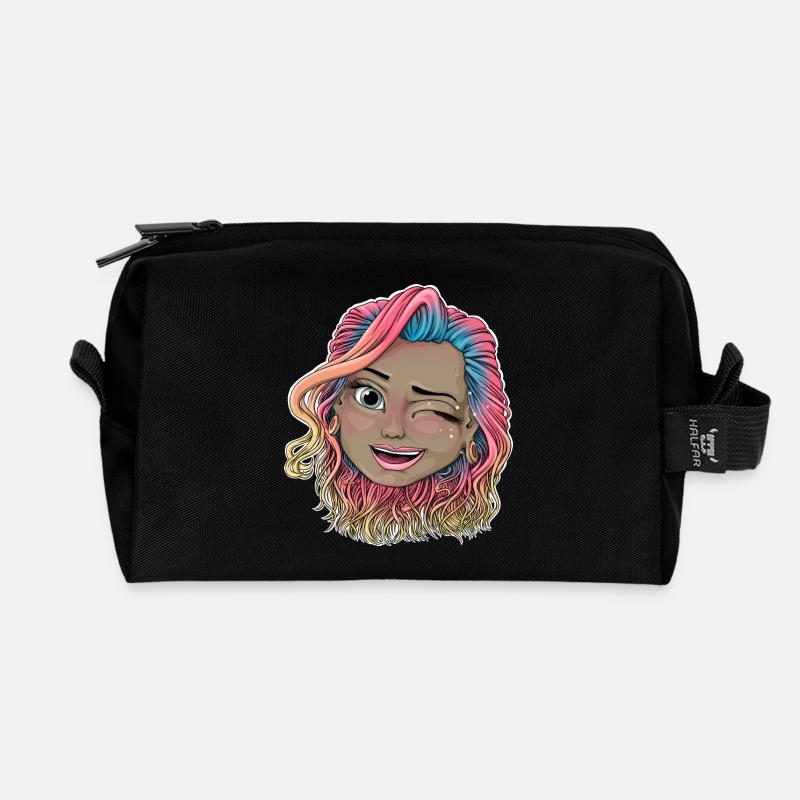 Vibrant Winking Illustration - Recycled Toiletry Zip Bag - black