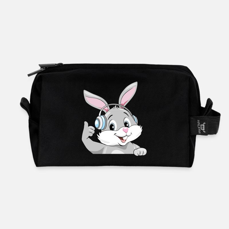 Lächelnder zufriedener Hase mit Kopfhörern - Recycelte Kulturtasche - Schwarz