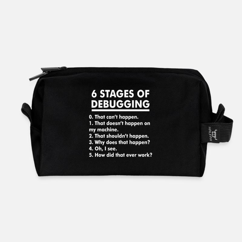 Humorvolle Illustration der Debugging-Phasen - Recycelte Kulturtasche - Schwarz