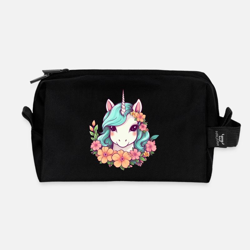 Einhorn mit Blumen - Eleganter Stil Design - Recycelte Kulturtasche - Schwarz