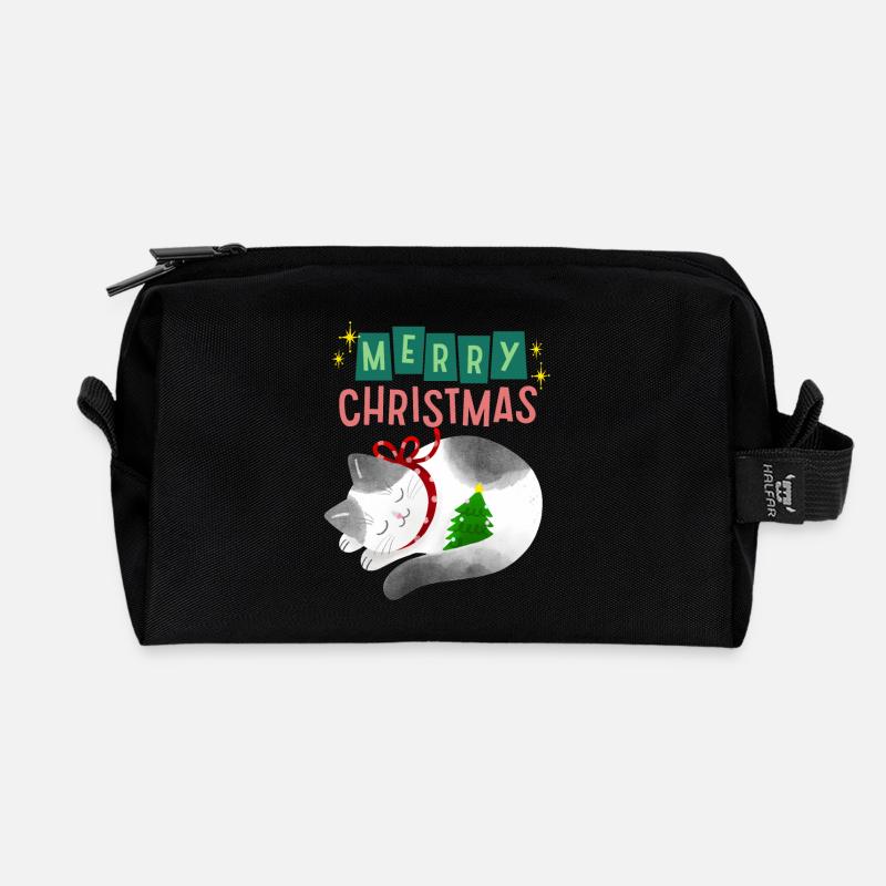 Katze mit Weihnachtsbaum, Weihnachten Spruch - Recycelte Kulturtasche - Schwarz