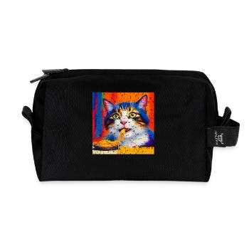 Cat eats spaghetti oil painting - Recycled Toiletry Zip Bag - black - Front