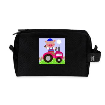 Cute pig riding on a tractor - Recycled Toiletry Zip Bag - black - Front