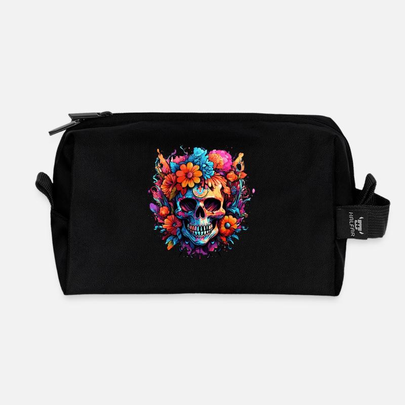 Blumenstrauß Zucker Schädel Totenkopf - Recycelte Kulturtasche - Schwarz