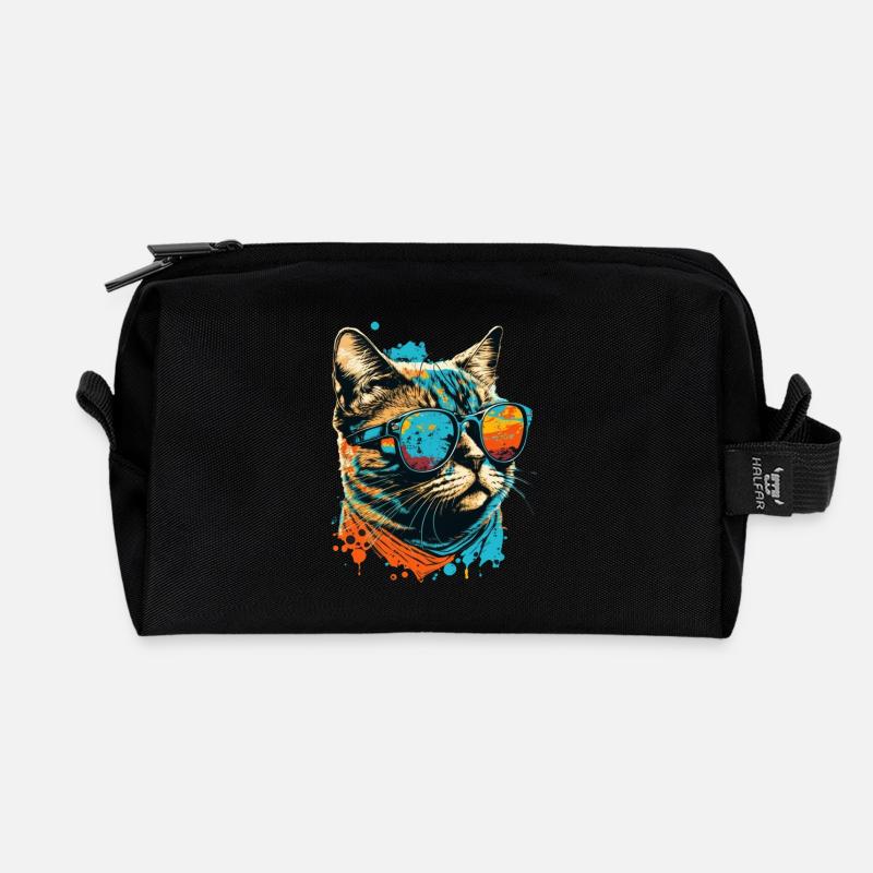 Cat with sunglasses - Recycled Toiletry Zip Bag - black
