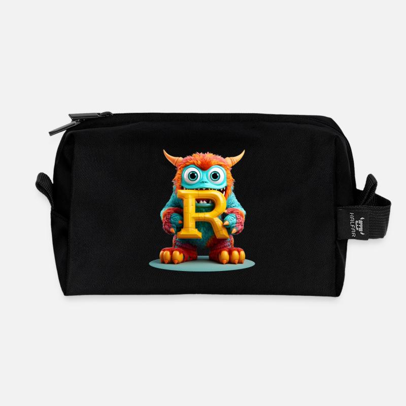Bunter Monster mit Buchstabe R - Recycelte Kulturtasche - Schwarz