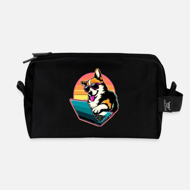Corgi mit Laptop Welsh Corgi Hund - Recycelte Kulturtasche - Schwarz
