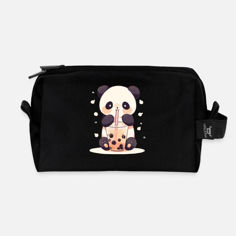 Kawaii Panda boit Boba Bubble Tea Chibi - Trousse de toilette en tissu recyclé - noir