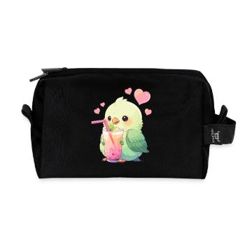 Kawaii Lovebird Drinks Boba Bubble Tea Chibi - Recycled Toiletry Zip Bag - black - Front