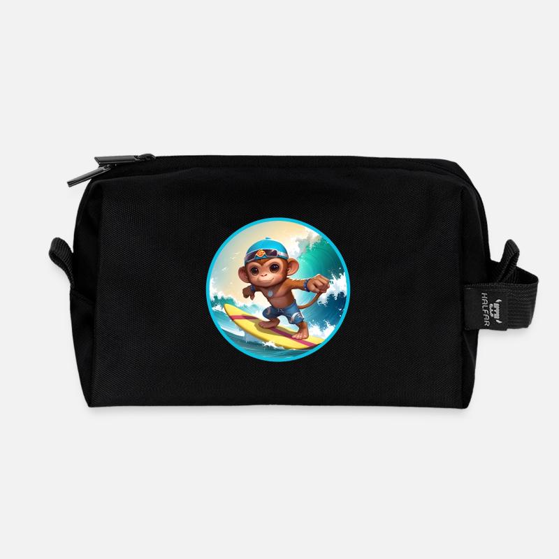 Fröhlicher surfender Affe - Recycelte Kulturtasche - Schwarz
