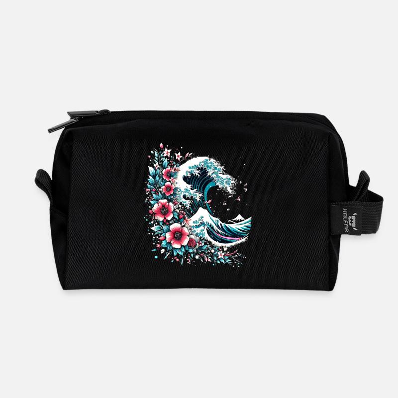 große Welle vor Kanagawa mit Blumen - Recycelte Kulturtasche - Schwarz