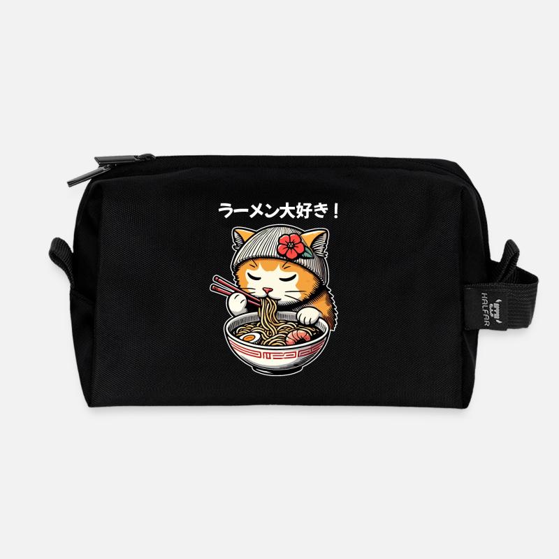 Katzen-Anime mit Ramen und Blume - Recycelte Kulturtasche - Schwarz