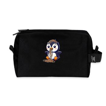 Cute Penguin Spaghetti Cartoon Spill - Recycled Toiletry Zip Bag - black - Front