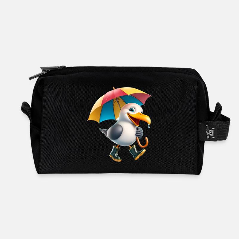 Playful Seagull Character with Umbrella - Recycled Toiletry Zip Bag - black