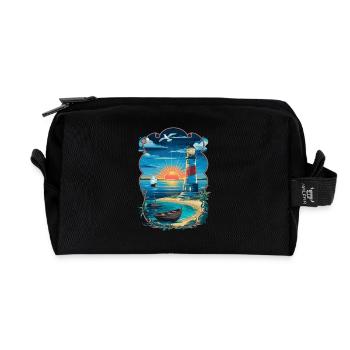 Lighthouse sunset by the sea with sailing ship - Recycled Toiletry Zip Bag - black - Front