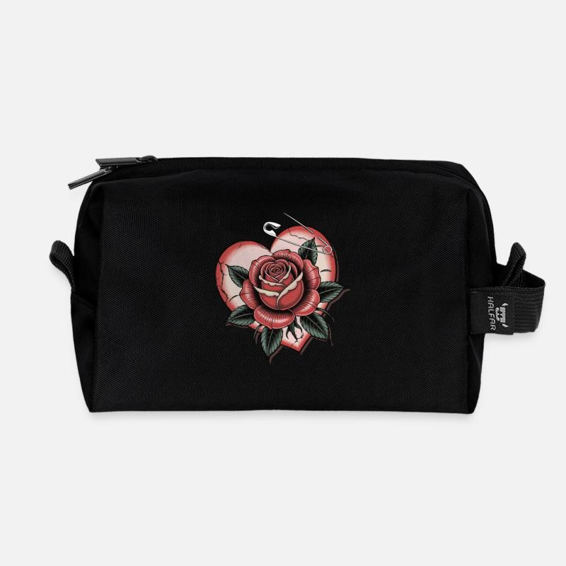 Herz mit Rose mit Sicherheitsnadel, Liebe, Tattoo - Recycelte Kulturtasche - Schwarz
