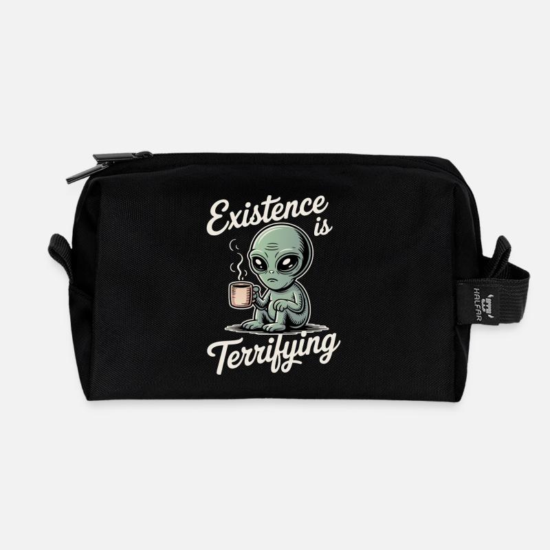 Existence is Terrifying Funny Alien UFO Coffee - Recycled Toiletry Zip Bag - black