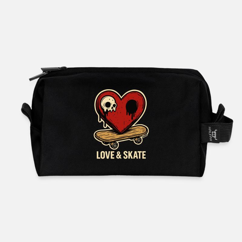 Herz mit Totenkopf auf Skateboard - Recycelte Kulturtasche - Schwarz