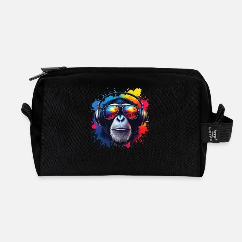 Buntes Affenkopf mit Kopfhörern - Recycelte Kulturtasche - Schwarz