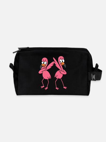 Two funny dancing flamingos, dabbing giraffes - Recycled Toiletry Zip Bag - black