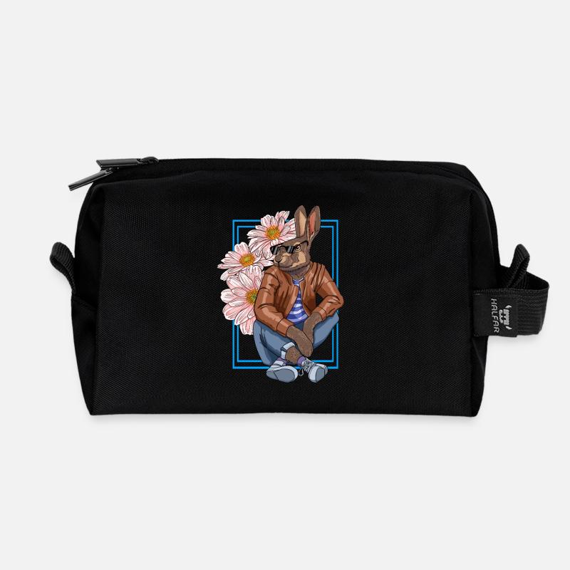 Stylischer Hasen-Charakter mit Blumen - Recycelte Kulturtasche - Schwarz