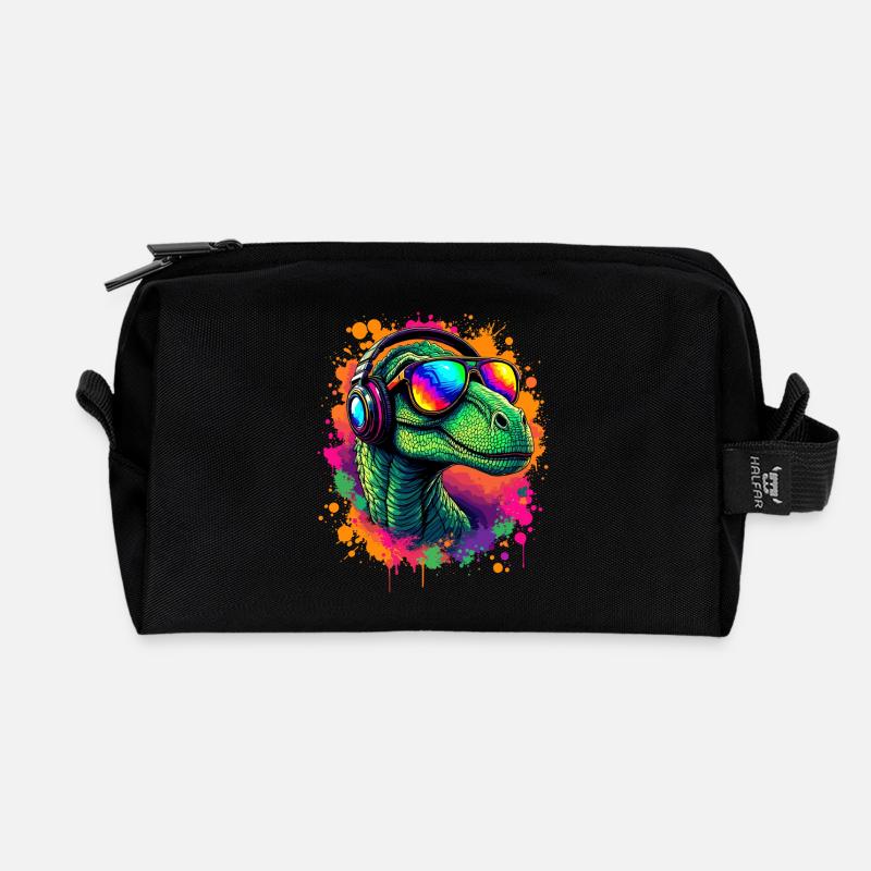 Neon Dino mit Kopfhörern Velociraptor T-Shirt Dino - Recycelte Kulturtasche - Schwarz