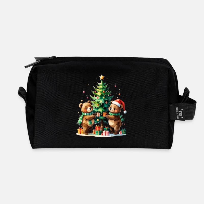 Winterbären am Weihnachtsbaum - Recycelte Kulturtasche - Schwarz
