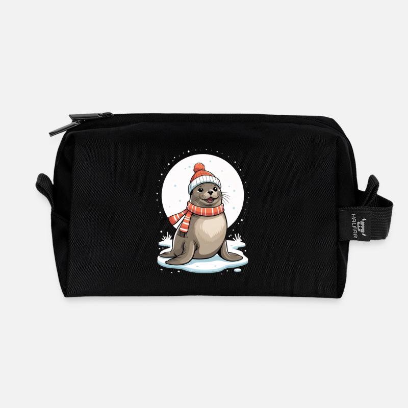Winterliches Robbe mit Schal - Recycelte Kulturtasche - Schwarz