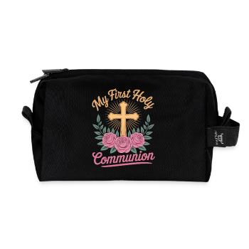 Erste Heilige Kommunion Kreuz Rosen - Recycelte Kulturtasche - Schwarz - Vorne