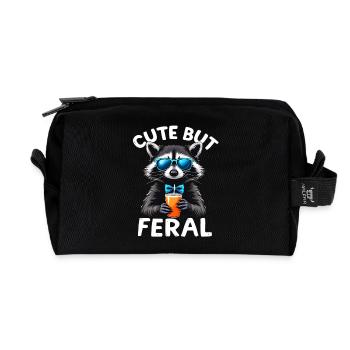 Cute raccoon with drink and bow tie - Recycled Toiletry Zip Bag - black - Front