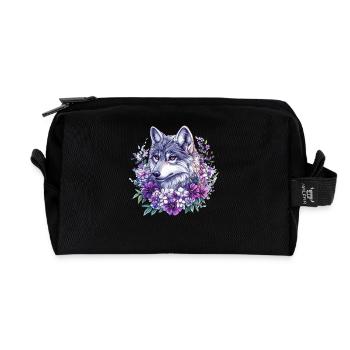 Flower Wolf in Watercolor Frame - Recycled Toiletry Zip Bag - black - Front