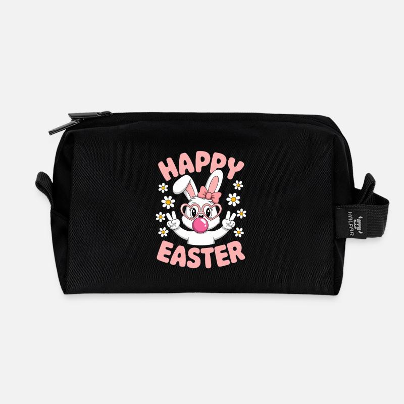 Happy Easter Cute Easter Bunny with Glasses - Recycled Toiletry Zip Bag - black