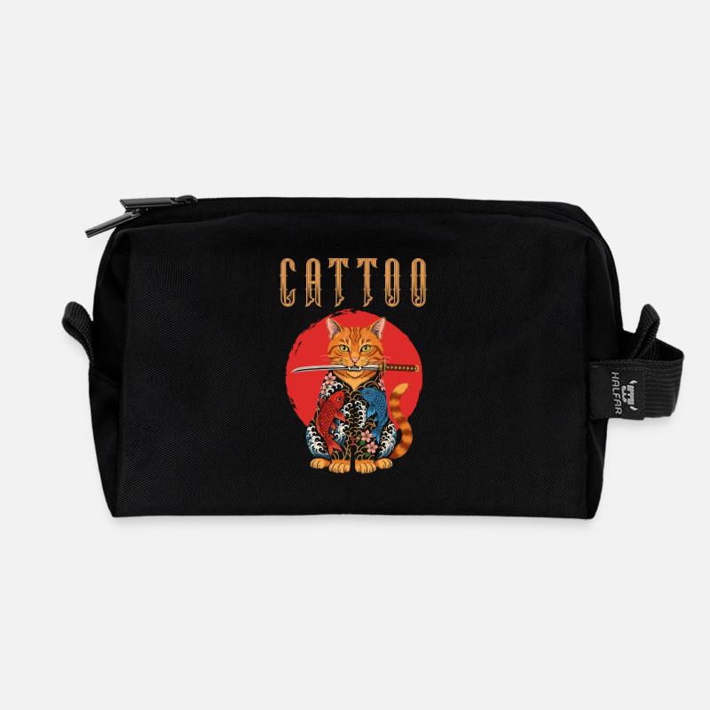Cattoo Japanische Tattoo-Katze mit Katana und Koi - Recycelte Kulturtasche - Schwarz