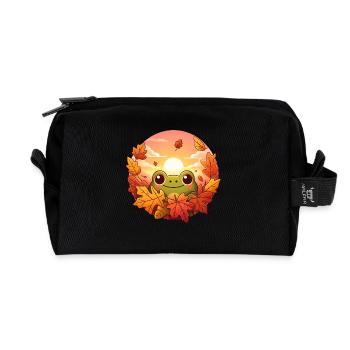 Herbstmelodie: Frosch, bunte Blätter & runder - Recycelte Kulturtasche - Schwarz - Vorne