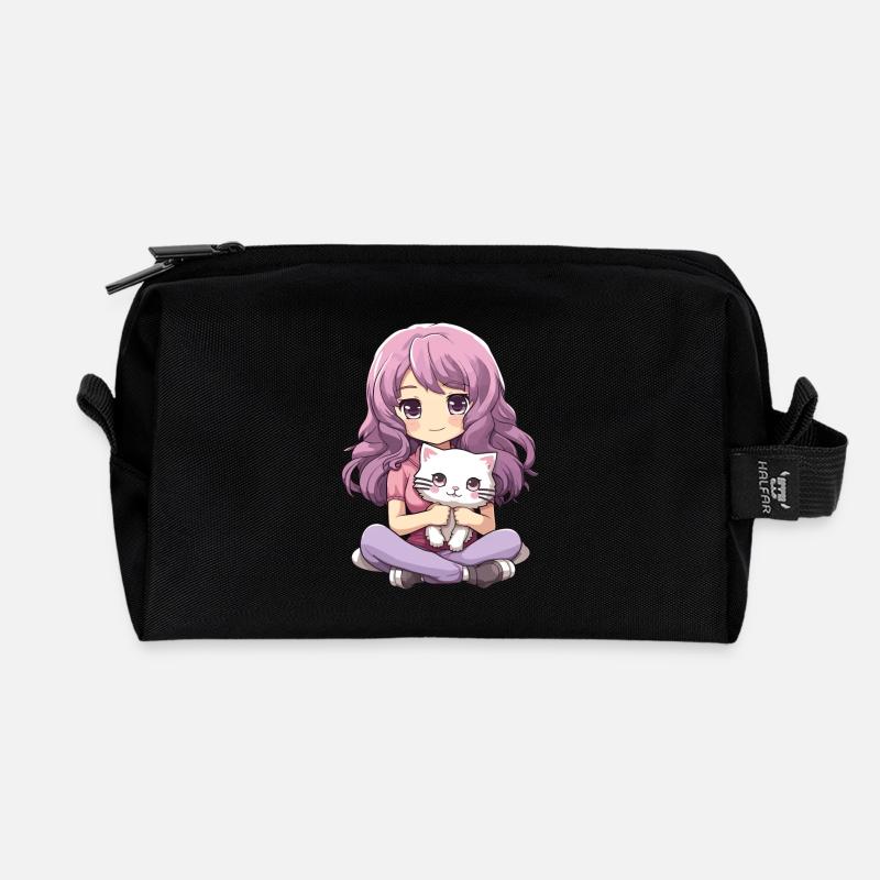 Kawaii Mädchen Anime Manga Mädchen und Katze - Recycelte Kulturtasche - Schwarz
