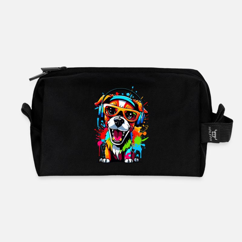 Hund mit Kopfhörern und Sonnenbrille - Recycelte Kulturtasche - Schwarz